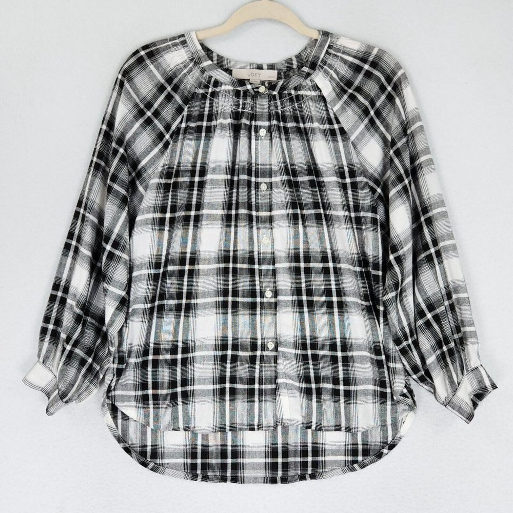 LOFT Shirt Womens Extra Small Petites Black White Plaid Linen Lightweight Button